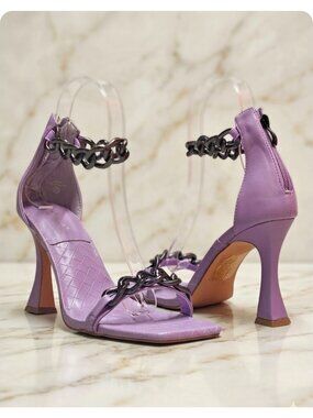 Chain-Detail Purple High Heel Sandals With Croc-Embossed Straps & Square Toe For